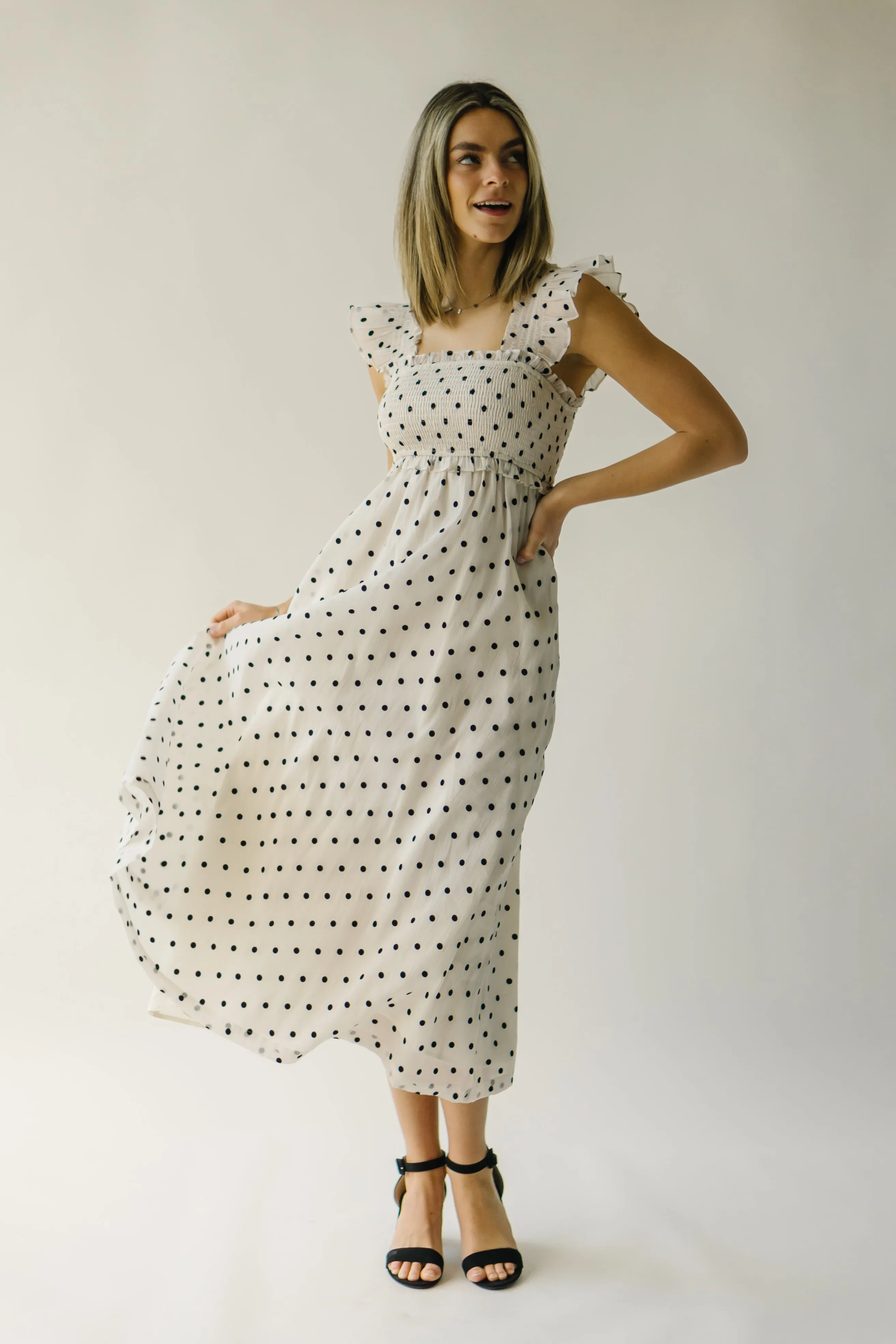 The Ternell Polka Dot Midi Dress in Off White