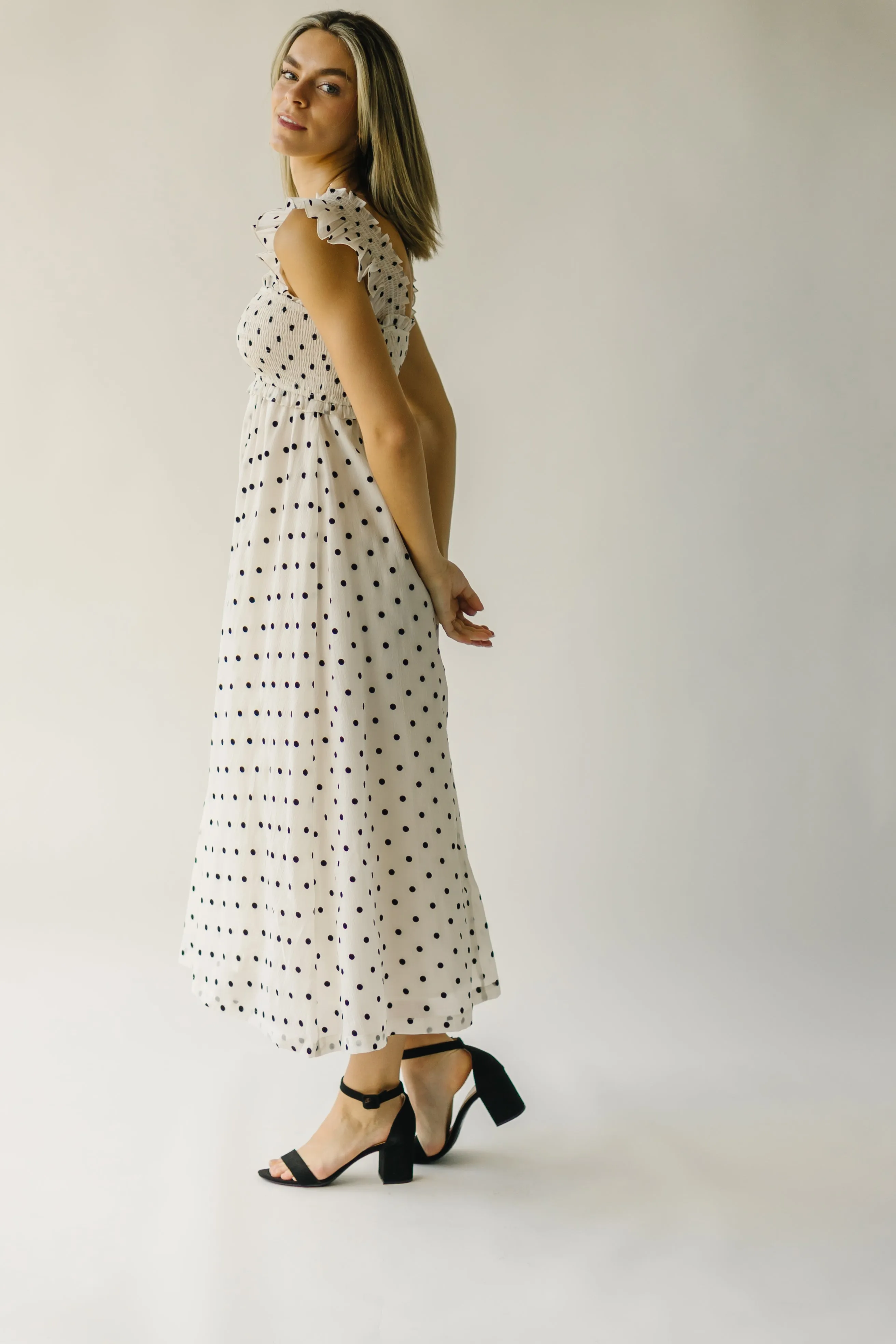 The Ternell Polka Dot Midi Dress in Off White