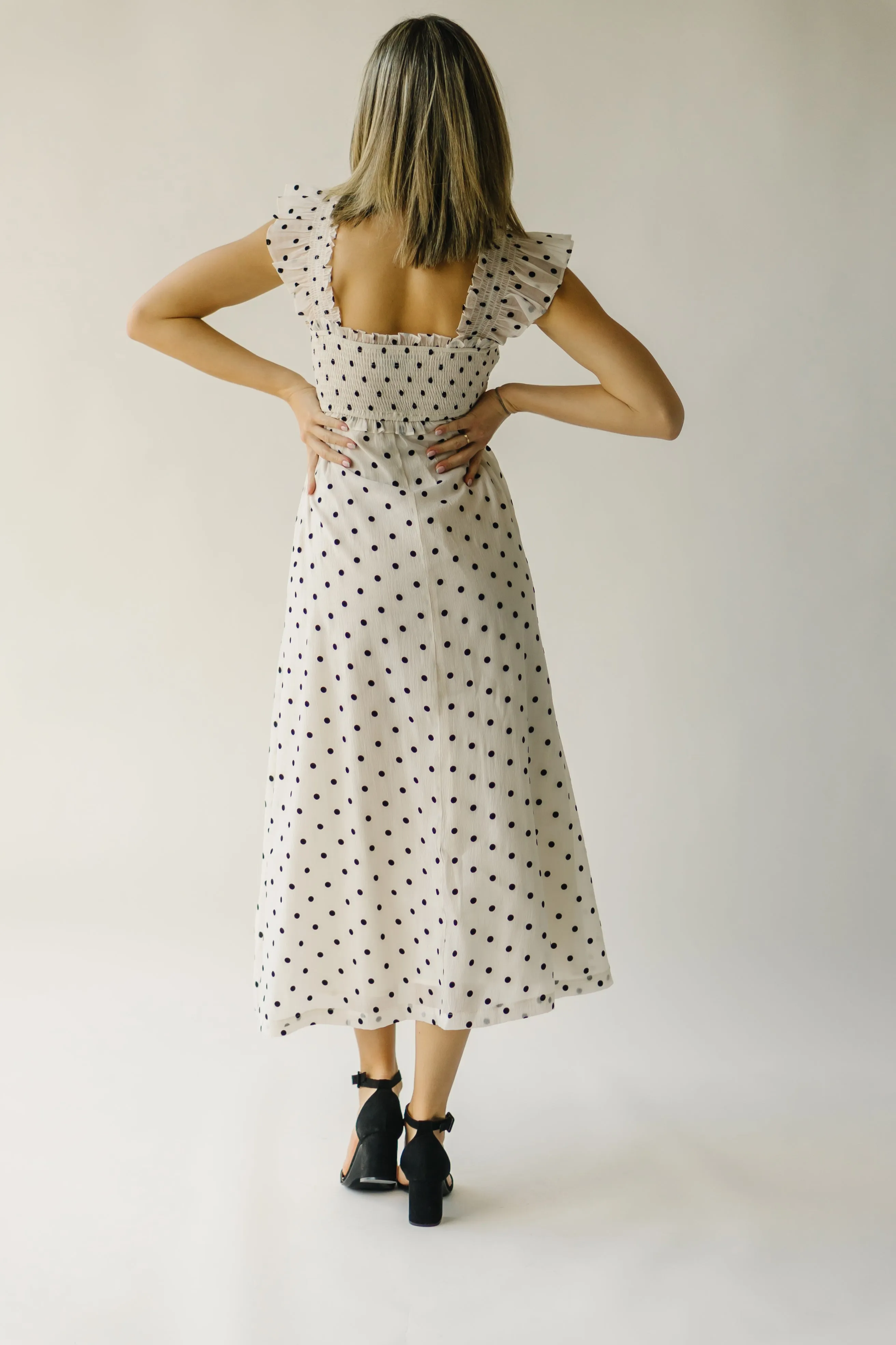 The Ternell Polka Dot Midi Dress in Off White