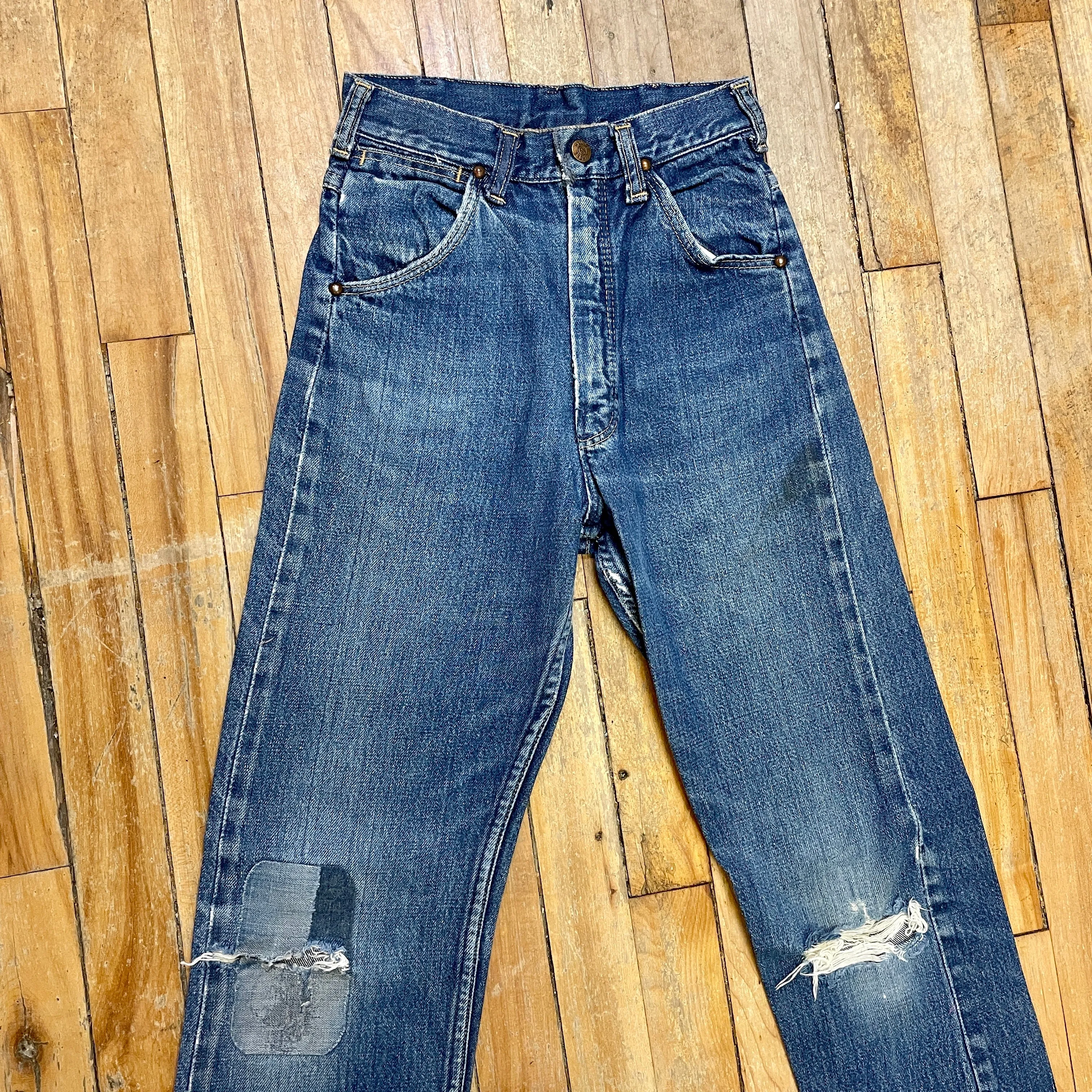 Vintage Mid-Century Patched Perfection Circle S High Waisted Ranch Selvedge Denim Jeans Petite/Youth 23" Waist