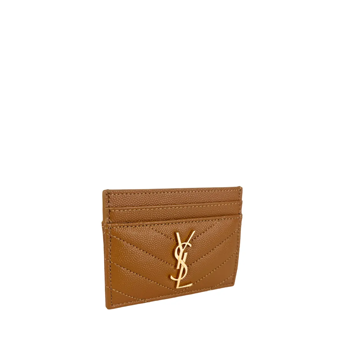 YSL Cassandre Grain de Poudre Leather Card Case - Tan