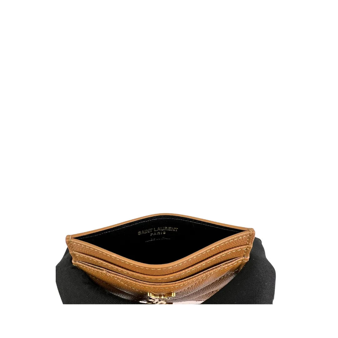 YSL Cassandre Grain de Poudre Leather Card Case - Tan