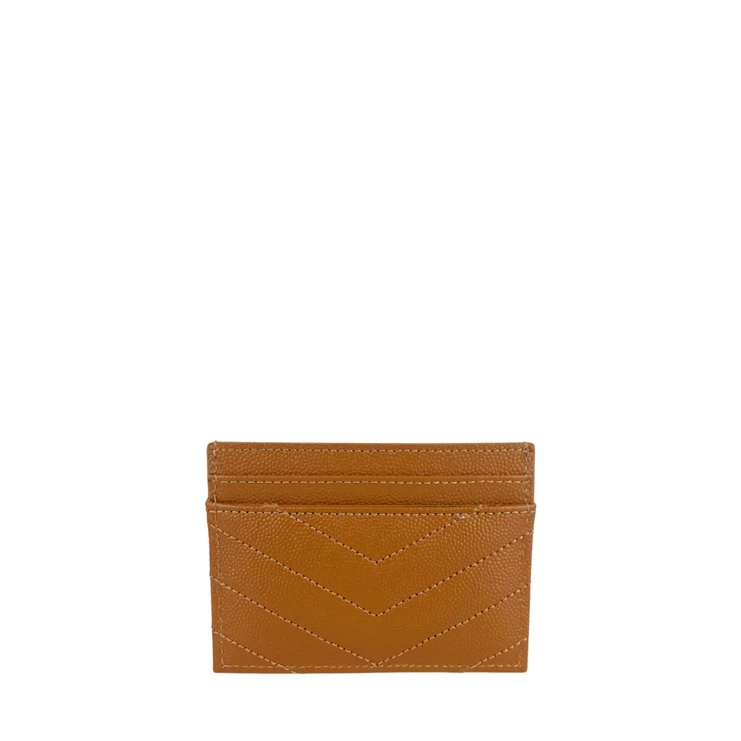 YSL Cassandre Grain de Poudre Leather Card Case - Tan