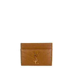 YSL Cassandre Grain de Poudre Leather Card Case - Tan